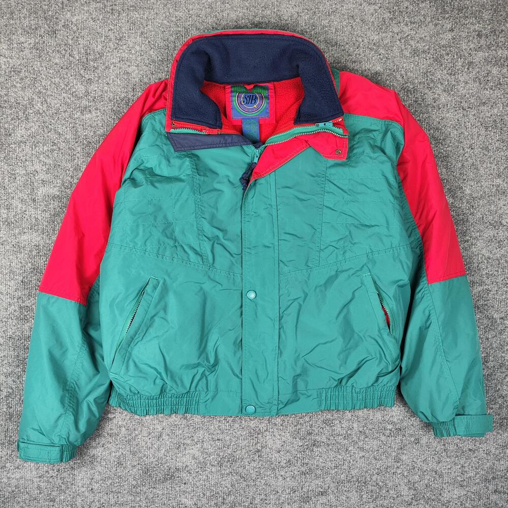 Vintage SJB Jacket Mens XL Green Red Nylon Fleece Lined Full Zip Windbreaker 90s